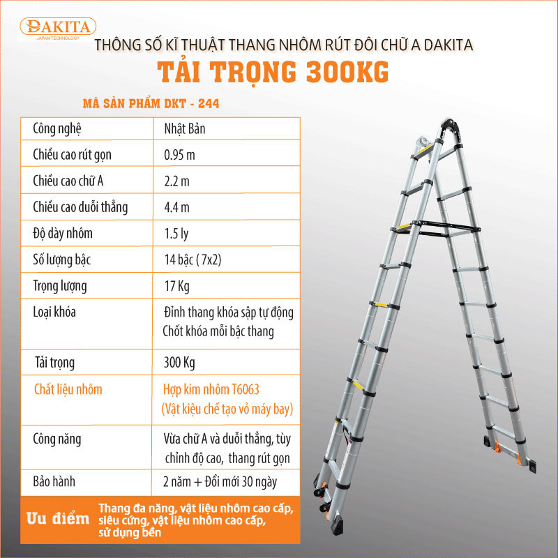 Thang rút đôi chữ A DAKITA DKT-244 [Chữ A: 2.2m Duỗi 4.4m]