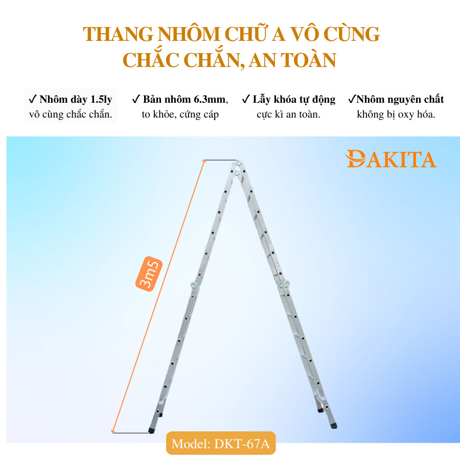 Thang Nhôm Gấp 4 Đoạn DAKITA DKT67A Chữ A 3.5m Cao Max 6.9m Nhôm Dày 1.5Ly