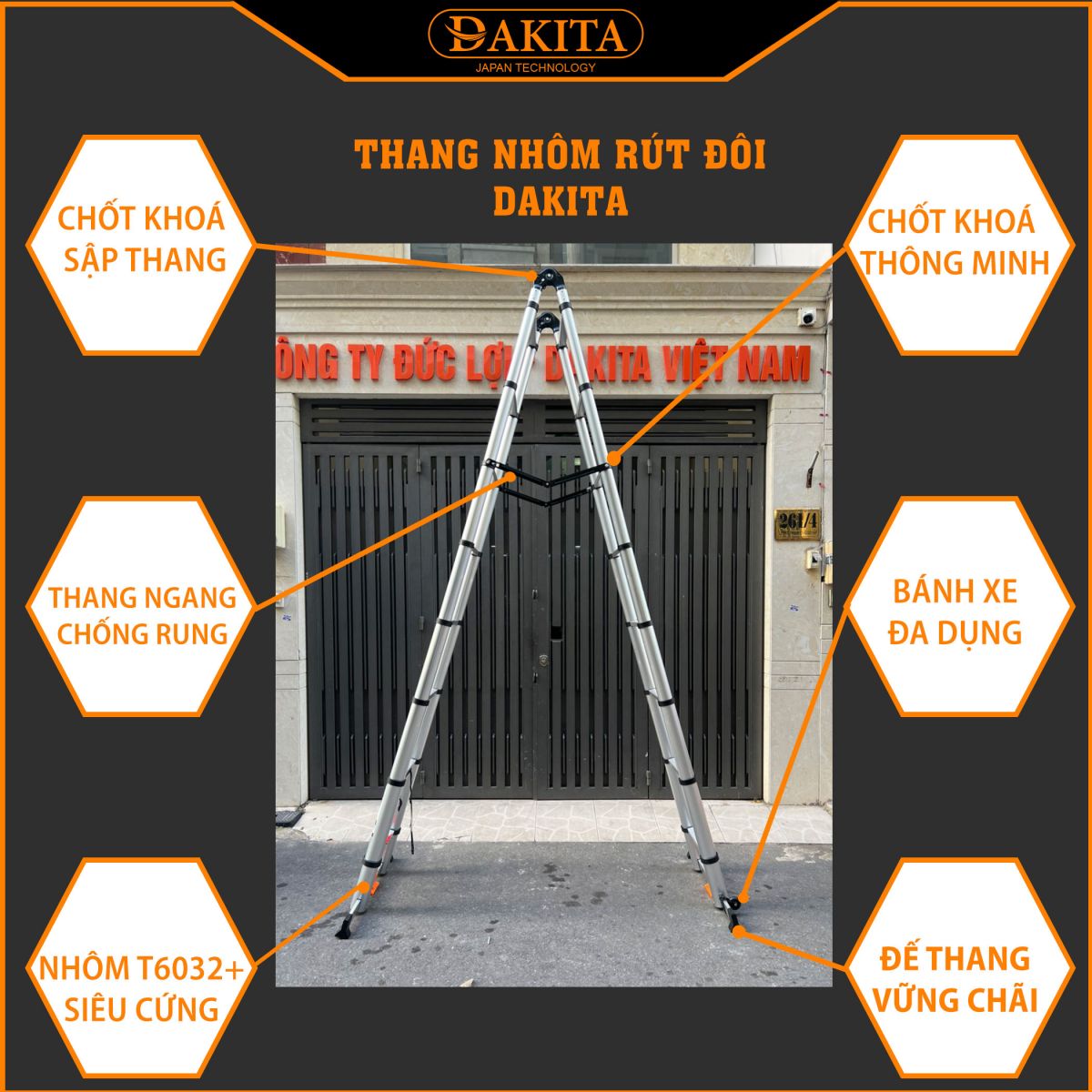 Thang rút đôi chữ A DAKITA DKT-250 [Chữ A: 2.5m Duỗi 5m]
