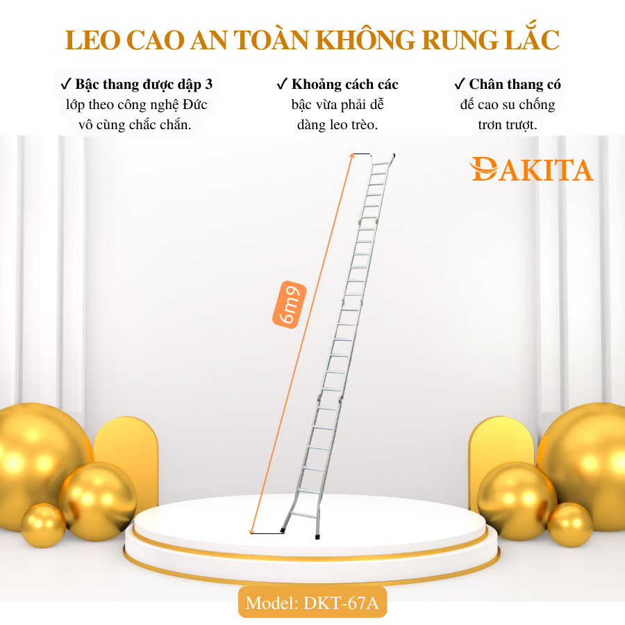 Thang Nhôm Gấp 4 Đoạn DAKITA DKT67A Chữ A 3.5m Cao Max 6.9m Nhôm Dày 1.5Ly