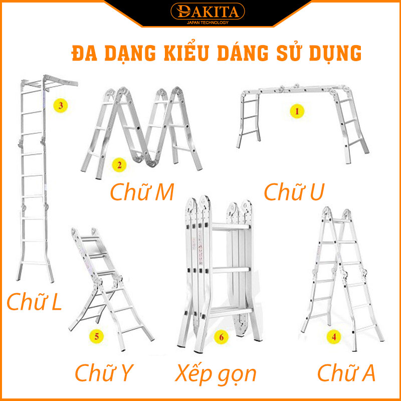 Thang Nhôm Gấp 4 Đoạn DAKITA DKT57A Chữ A 2.9m Cao Max 5.8m Nhôm Dày 1.5Ly