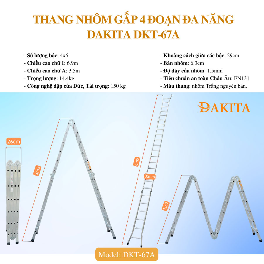 Thang Nhôm Gấp 4 Đoạn DAKITA DKT67A Chữ A 3.5m Cao Max 6.9m Nhôm Dày 1.5Ly