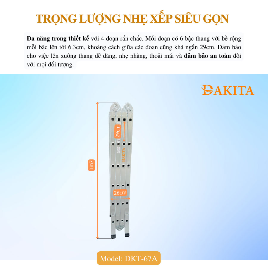 Thang Nhôm Gấp 4 Đoạn DAKITA DKT67A Chữ A 3.5m Cao Max 6.9m Nhôm Dày 1.5Ly