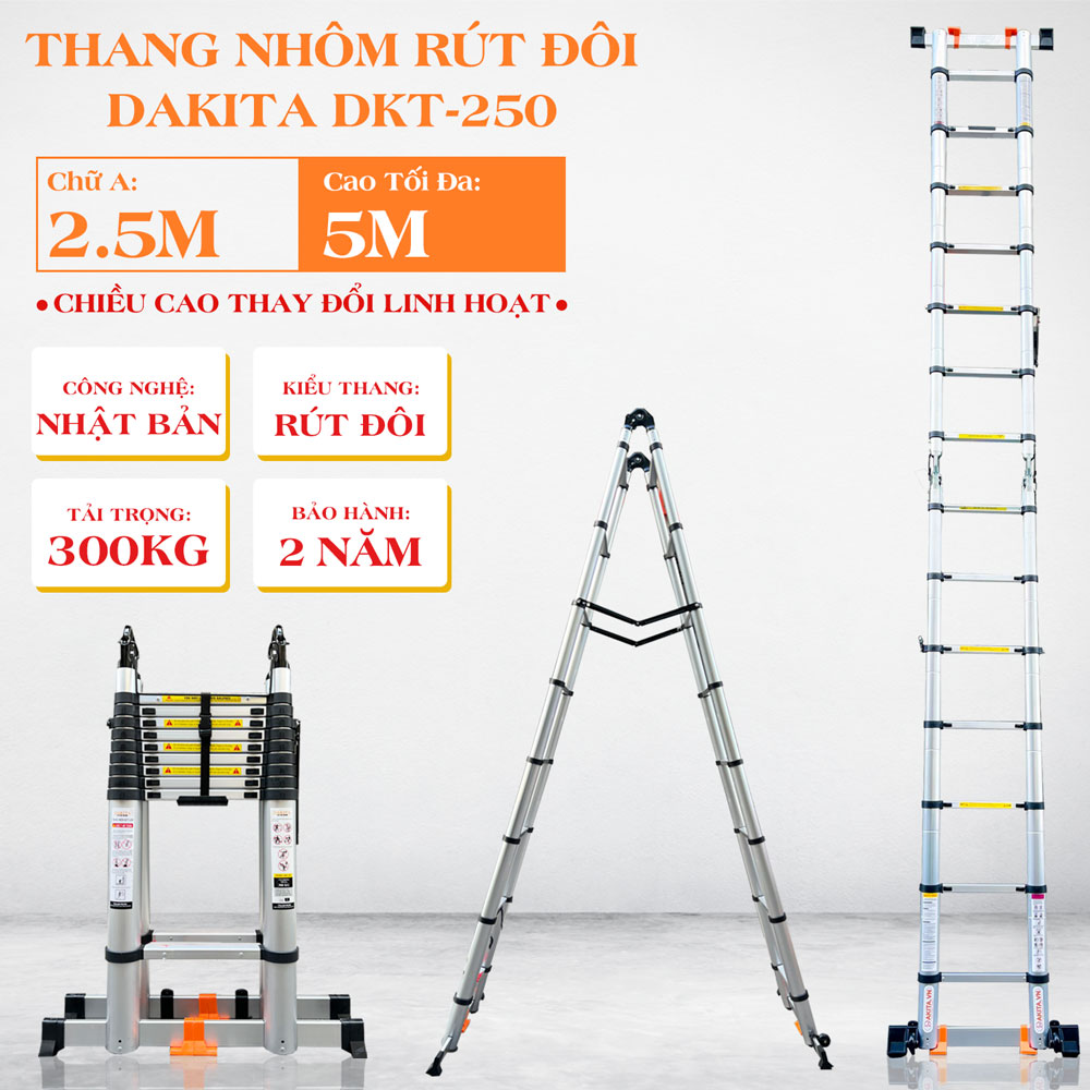 Thang rút đôi chữ A DAKITA DKT-250 [Chữ A: 2.5m Duỗi 5m]
