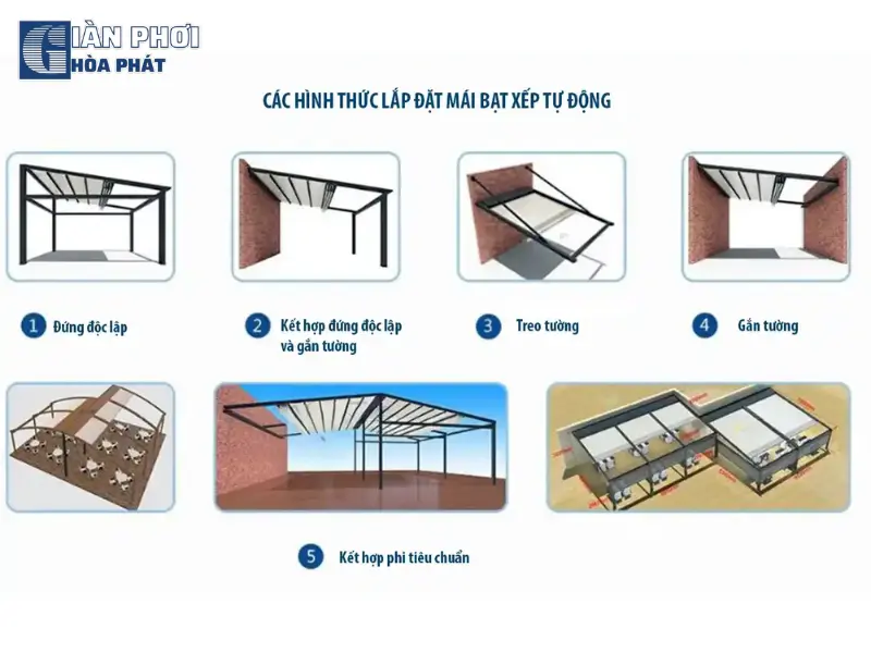 Hình thức lắp đặt mái bạt xếp tự động phổ biến hiện nay