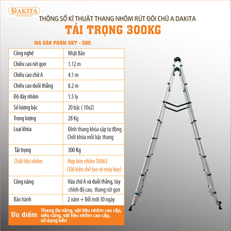 Thang rút đôi chữ A DAKITA DKT-280 [Chữ A: 4.1m Duỗi 8.2m]